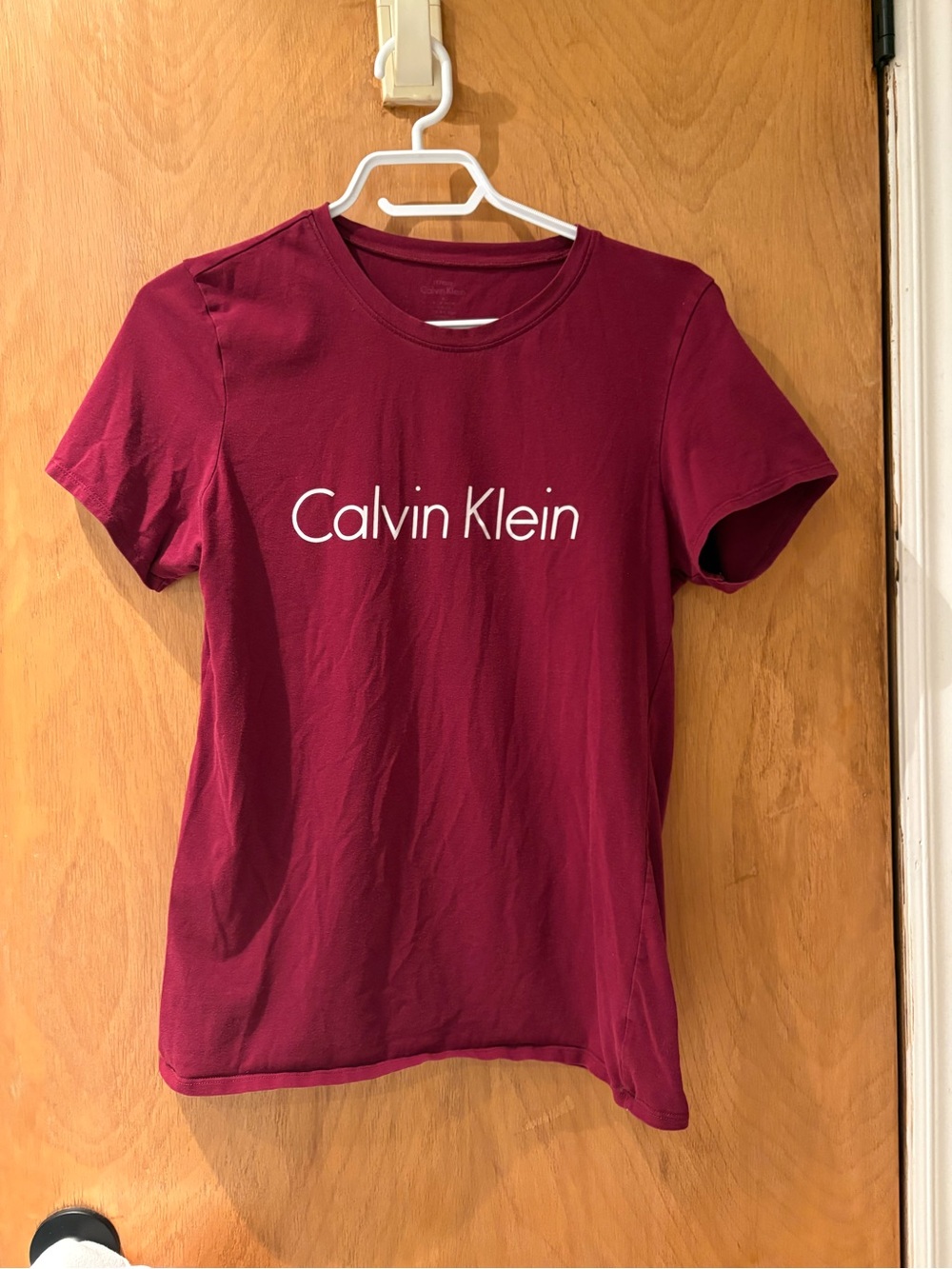 Calvin Klein Short-Sleeve Logo Tee in Burgundy with White Script
